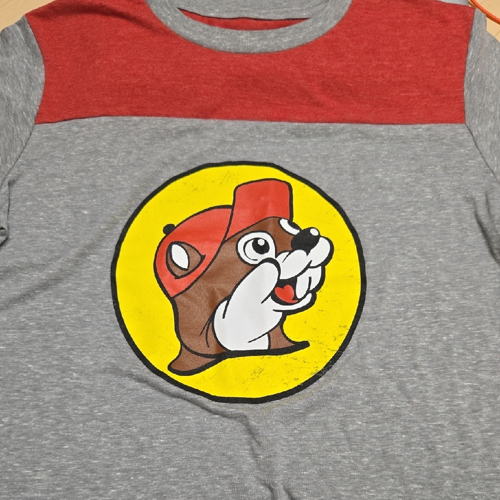 Gray and Red Graphic Tee with Cartoon Design
